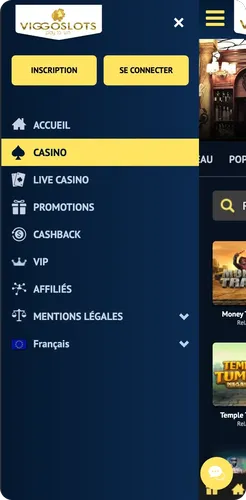 menu de l'application